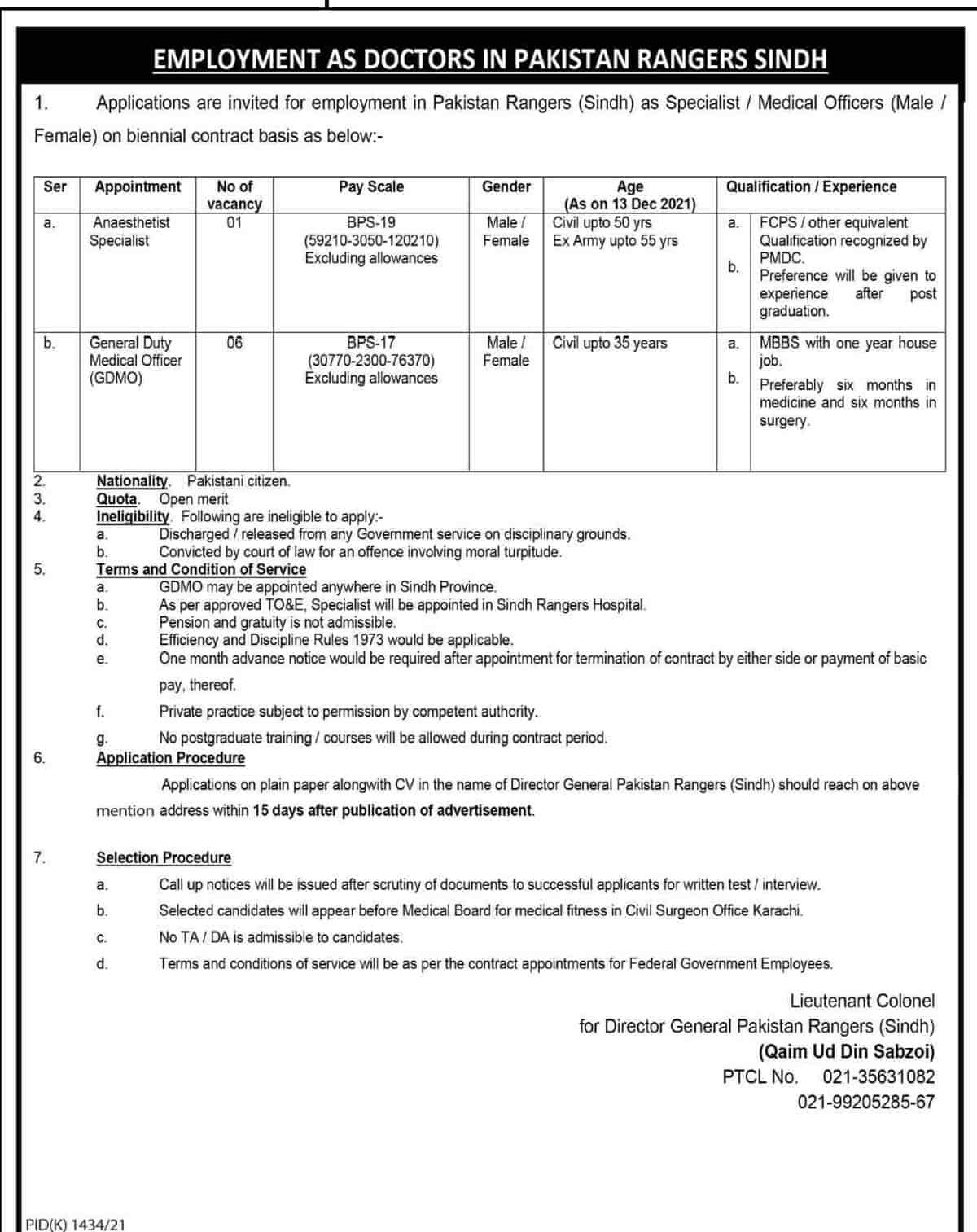 Pakistan Rangers Sindh Jobs 2021 Specialist / Medical Officers Latest