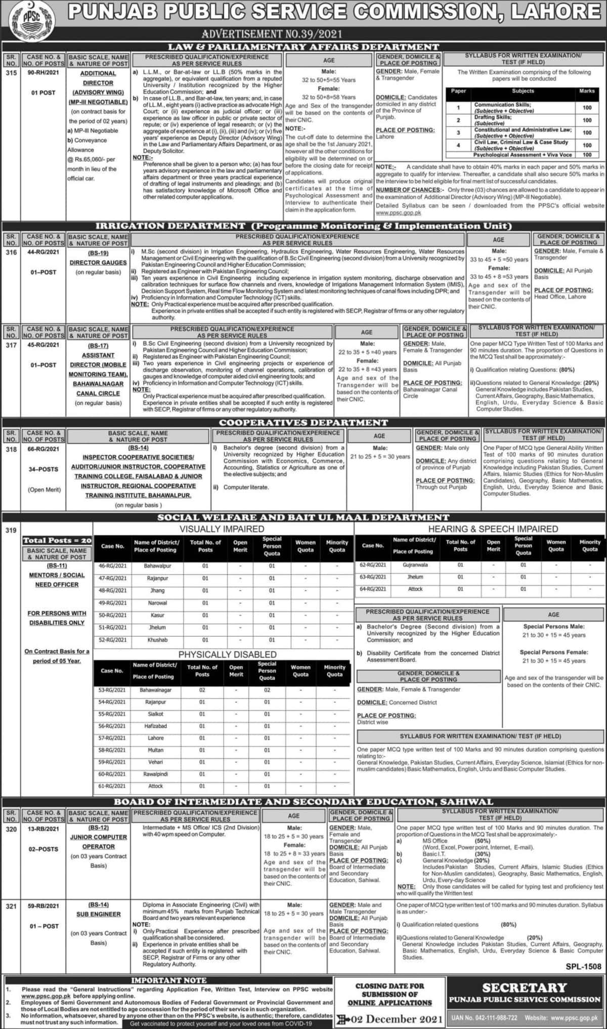 Punjab Public Service Commission PPSC Jobs Advertisement 39 2021