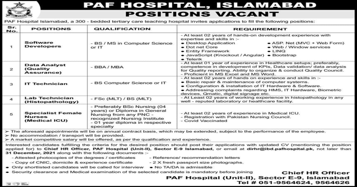 Featured Image Pakistan Air Force Paf Hospital Islamabad Jobs 2021 Advertisement Latest