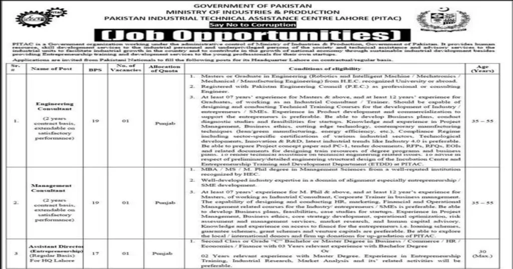 Featured Image Pakistan Industrial Technical Assistance Centre PITAC Lahore Jobs 2021