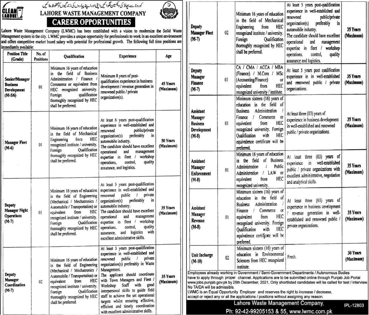 Lahore Waste Management Company LWMC Jobs 2021 Apply Online