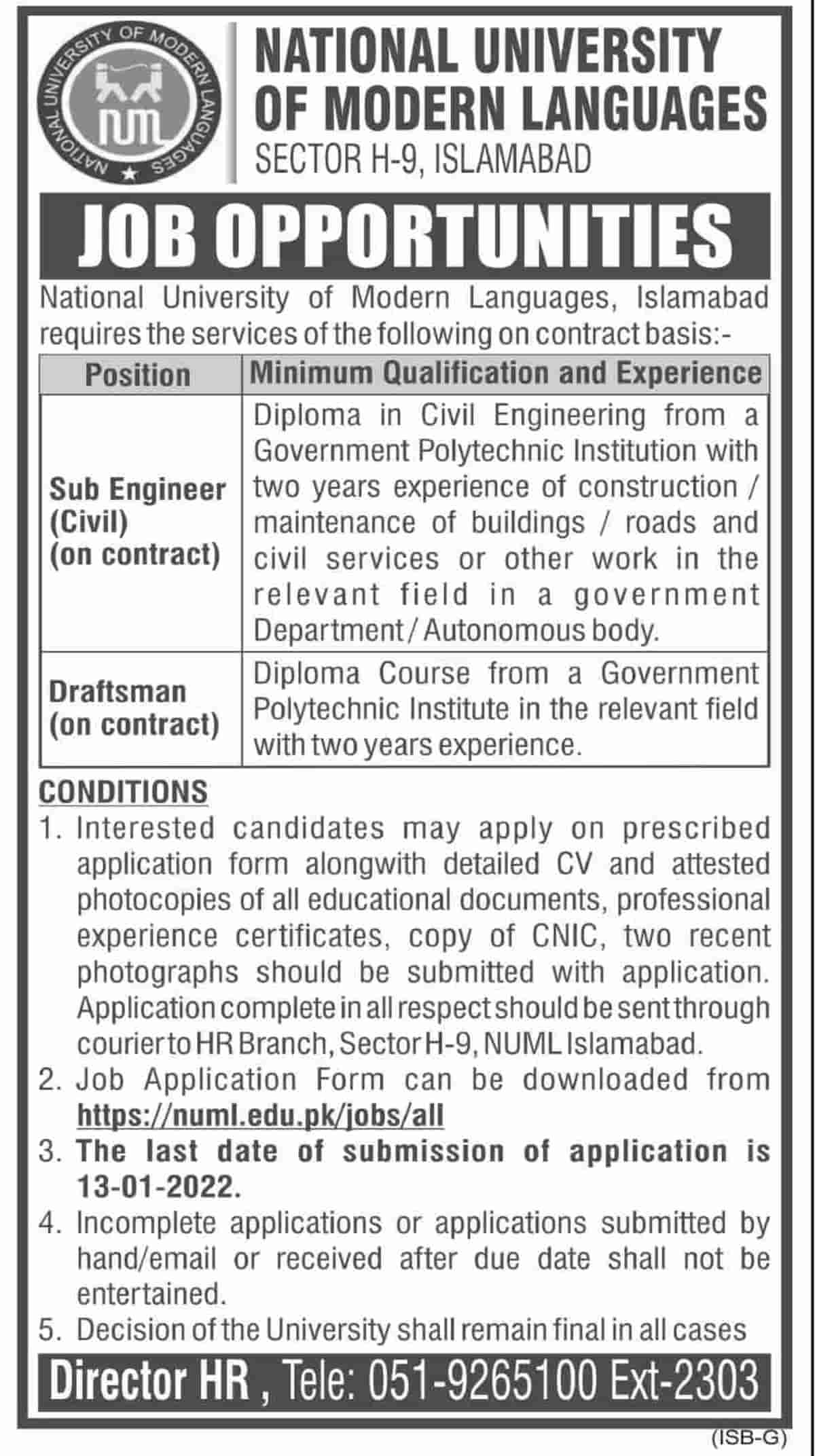 NUML University Islamabad Jobs 2022 for Sub Engineer and Draftsman
