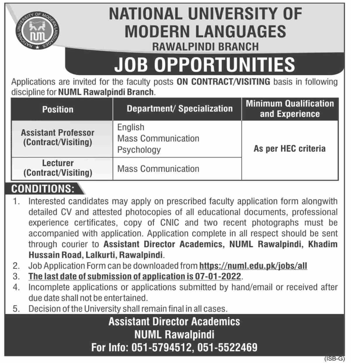 National University of Modern Languages NUML Rawalpindi Jobs 2021