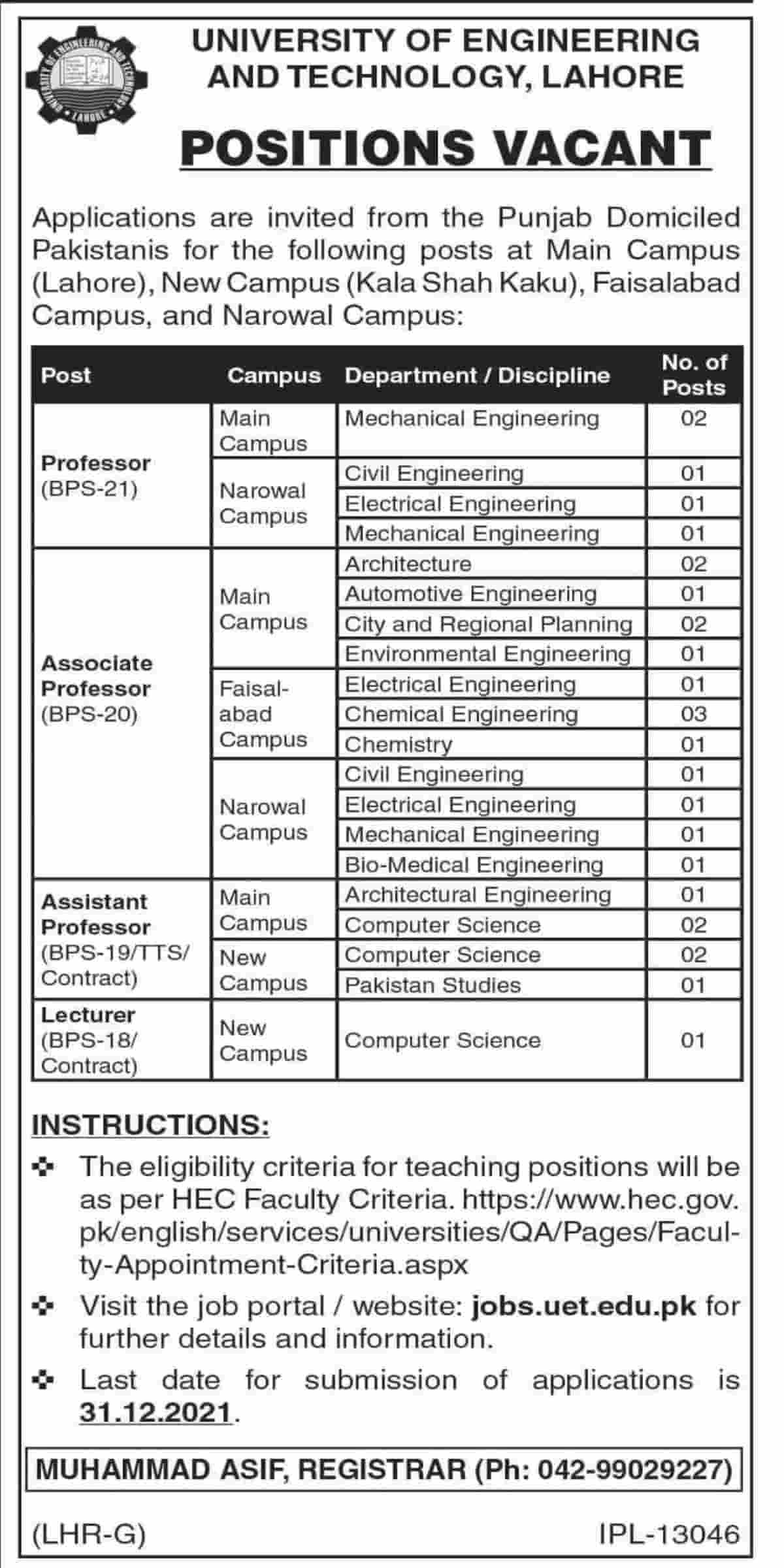 UET Teaching Jobs 2021 Lahore, Faisalabad, Narowal & Kala Shah Kaku Campus