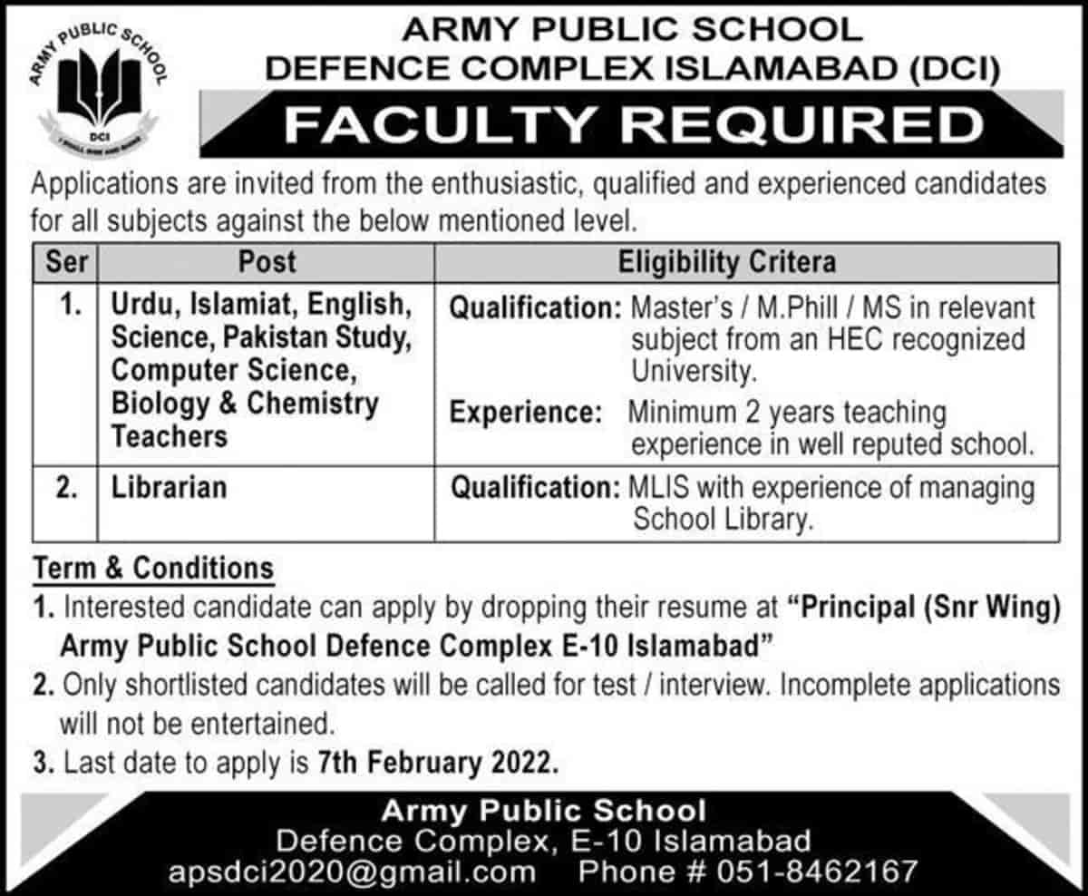 Army Public School APS Jobs 2022 Defence Complex Islamabad DCI Latest