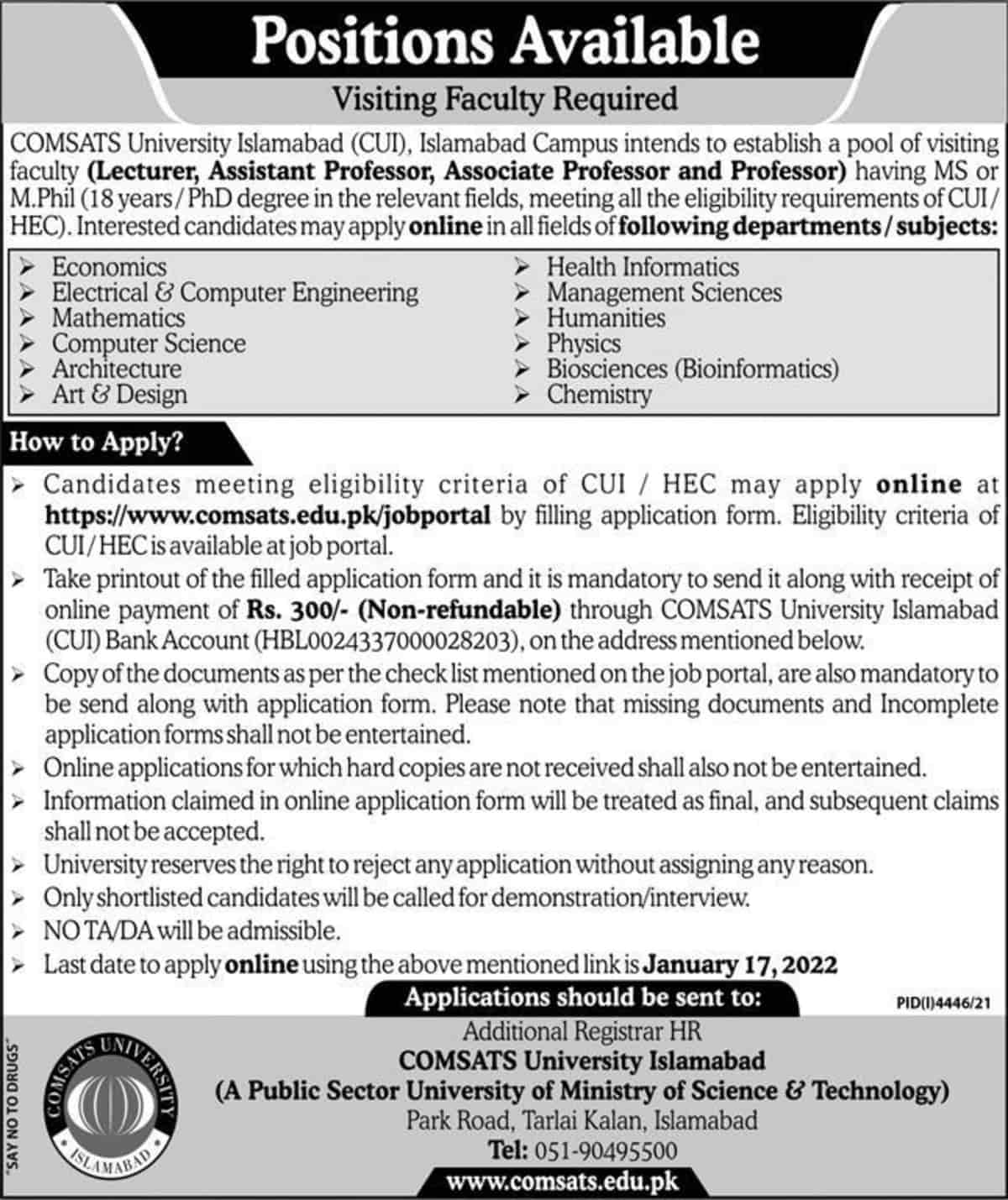 COMSATS University Islamabad CUI Faculty Jobs 2022 Advertisement Latest