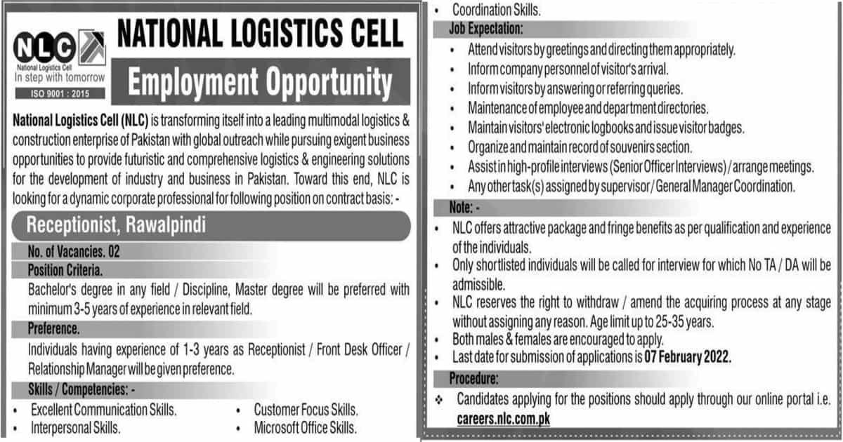 Featured Image National Logistics Cell NLC Jobs 2022 for Receptionist Latest