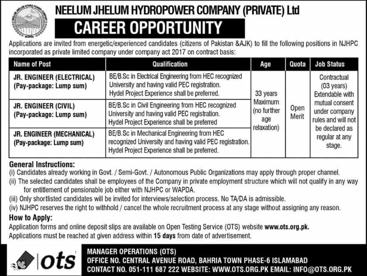 Neelum Jhelum Hydropower Company NJHPC Pvt Ltd WAPDA Jobs 2022 OTS