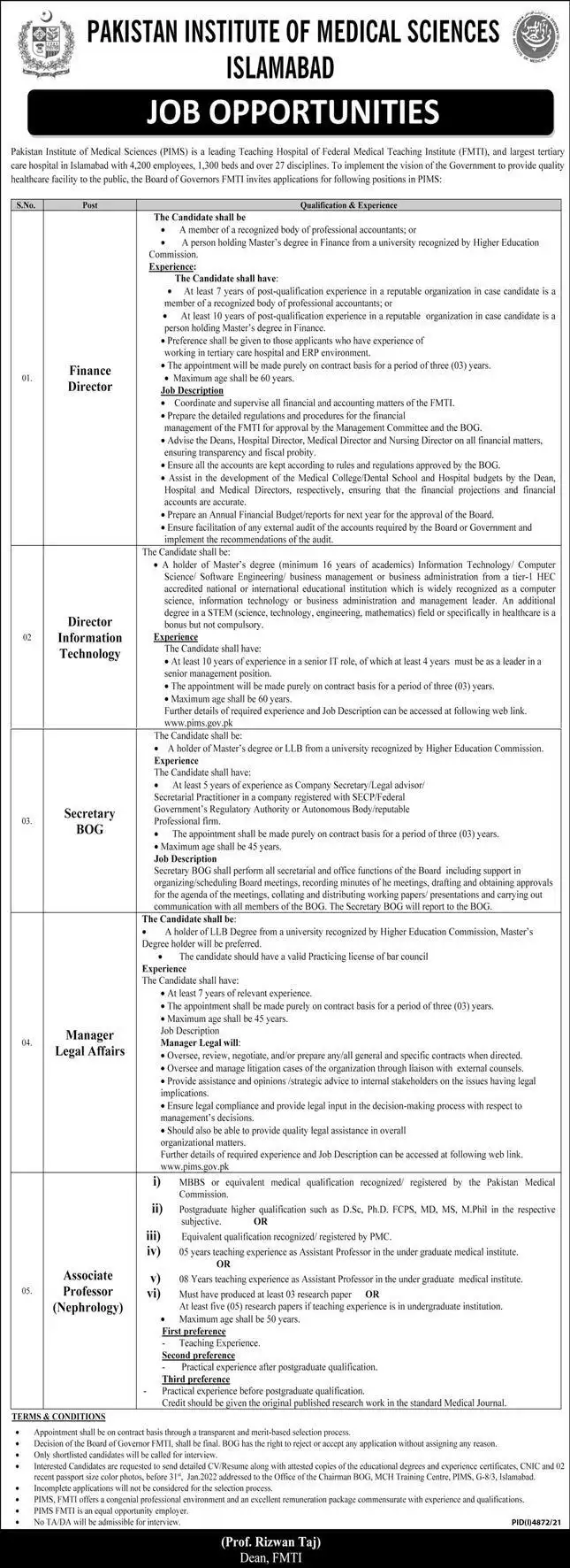 Pakistan Institute of Medical Sciences PIMS Islamabad Jobs 2022 Latest