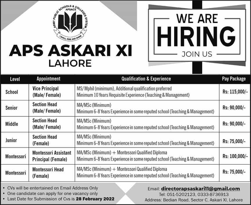 Army Public School APS Askari XI Lahore Jobs 2022 Apply Online Latest