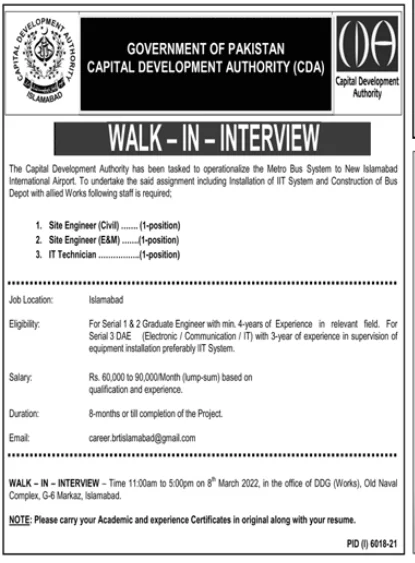 CDA Islamabad Jobs 2022 Advertisement Walk in Interviews Latest