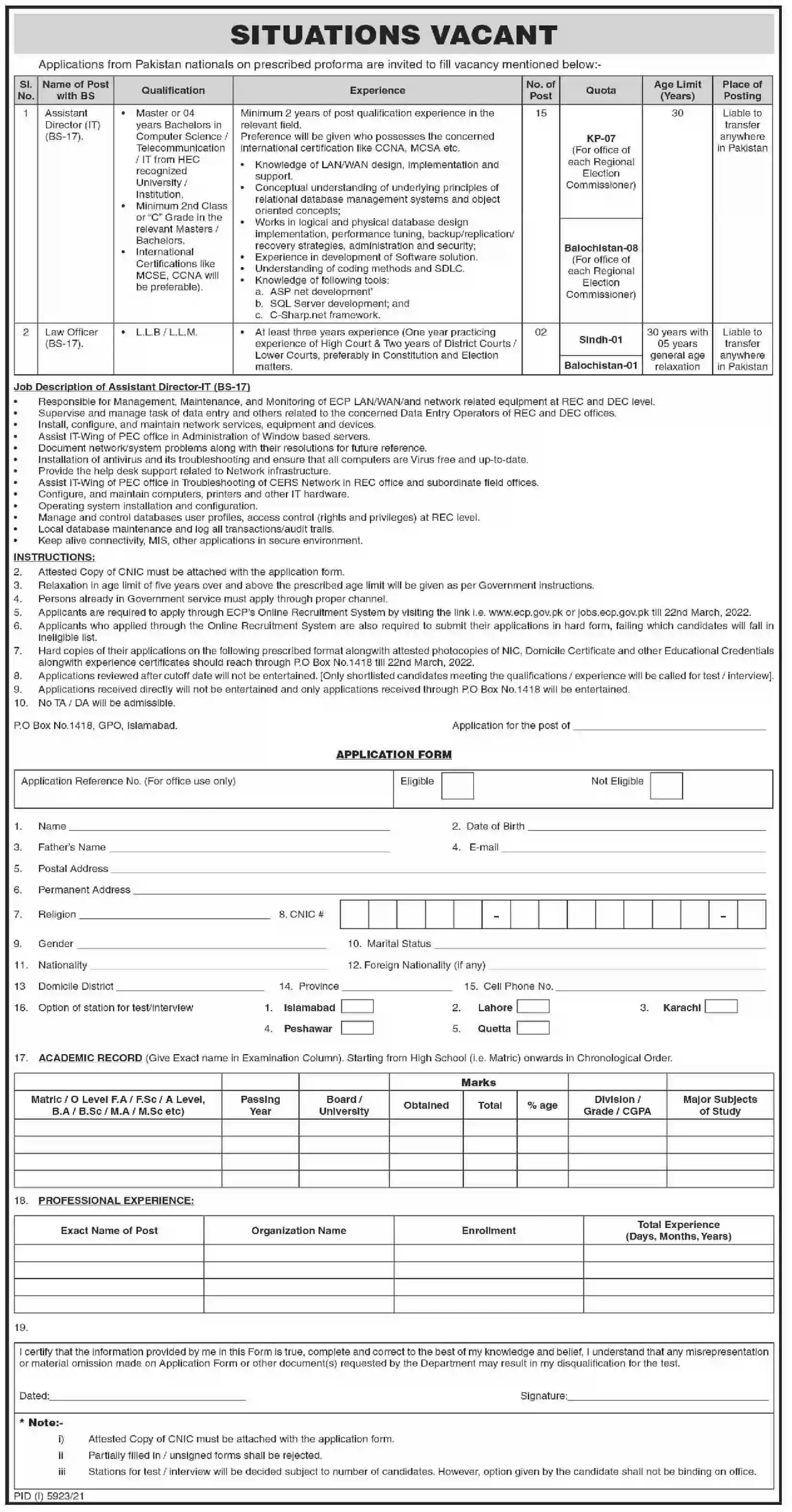 Election Commission of Pakistan ECP Jobs 2022 PO Box 1418 Islamabad Latest