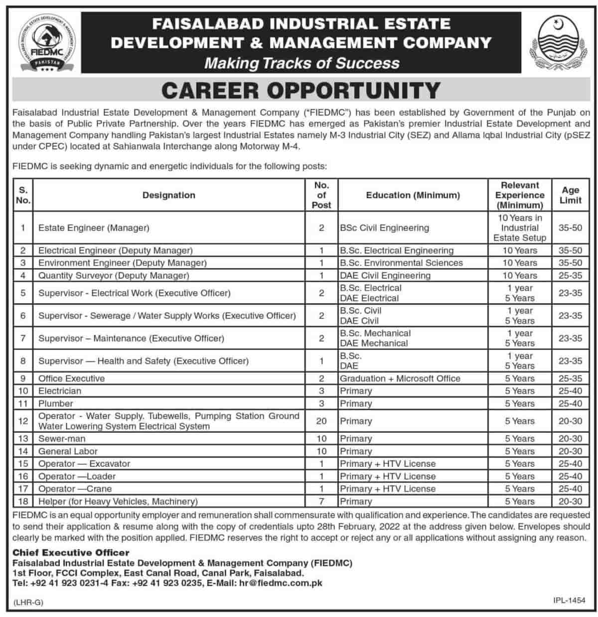 Faisalabad Industrial Estate Development & Management Company FIEDMC Jobs 2022 Latest