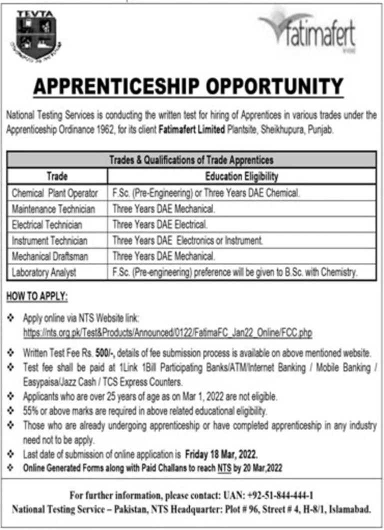 Fatima Fertilizer Company Limited Apprenticeship 2022 Nts Apply Online