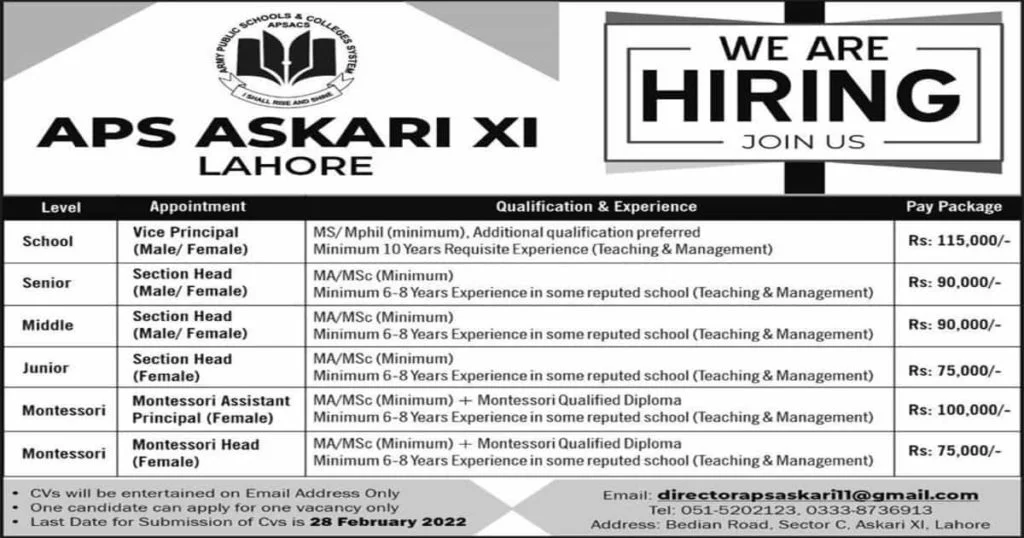 Featured Image Army Public School APS Askari XI Lahore Jobs 2022 Apply Online Latest
