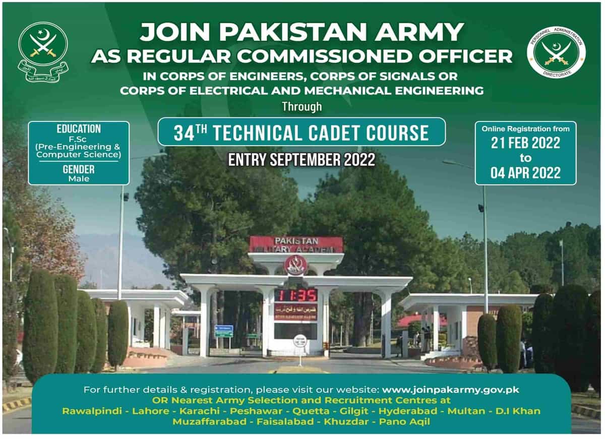 Join Pak Army Jobs 2022 as Regular Commissioned Officer 34 TCC Latest