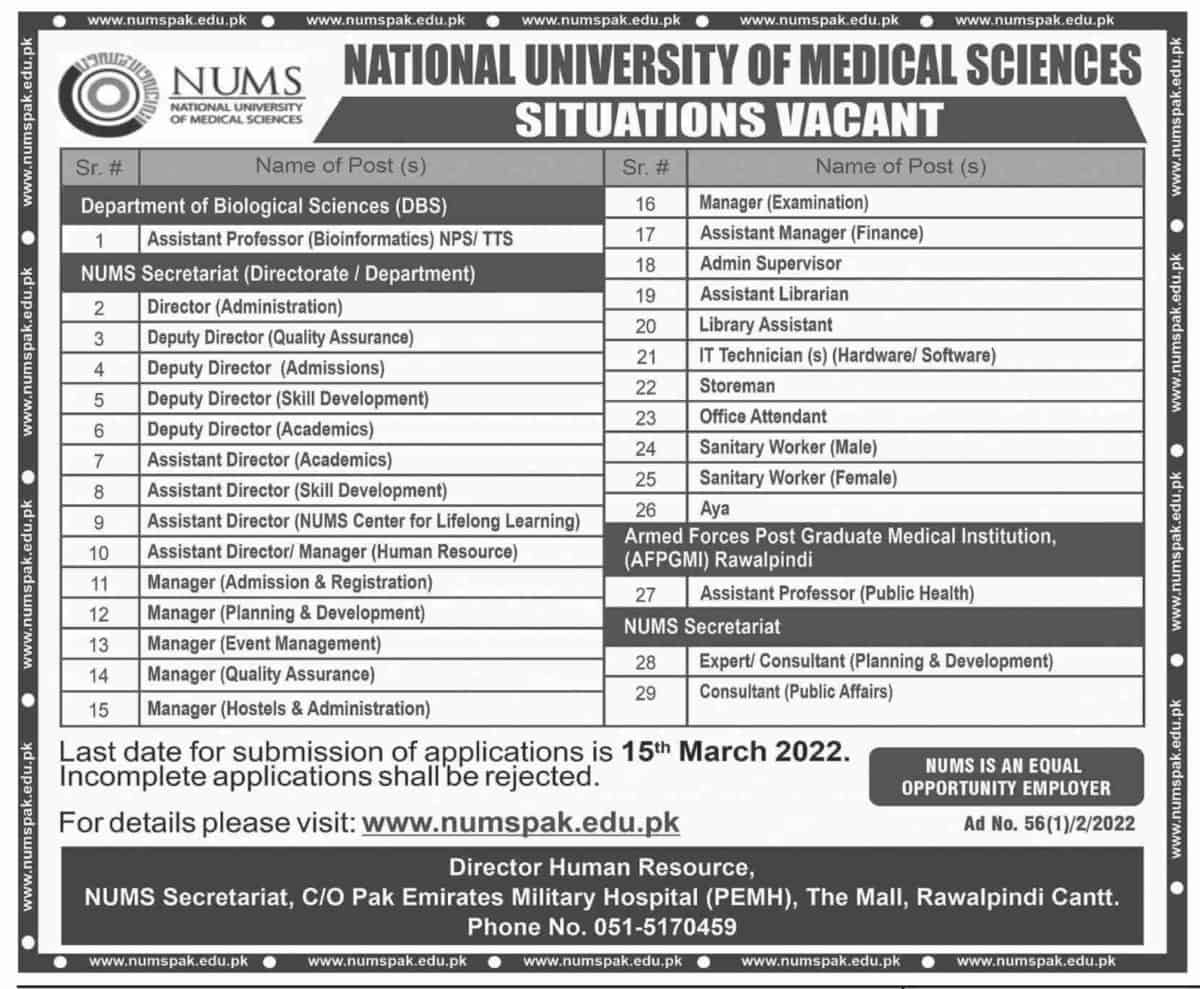 National University of Medical Sciences NUMS Jobs 2022 Rawalpindi Latest