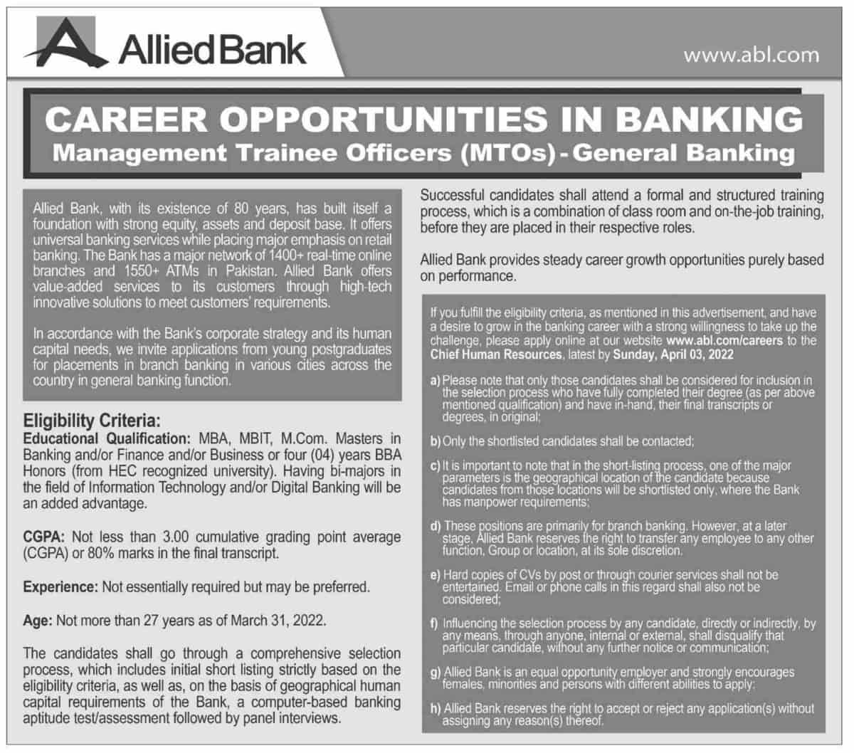 Allied Bank Limited ABL Jobs 2022 Management Trainee Officers MTO Apply Online