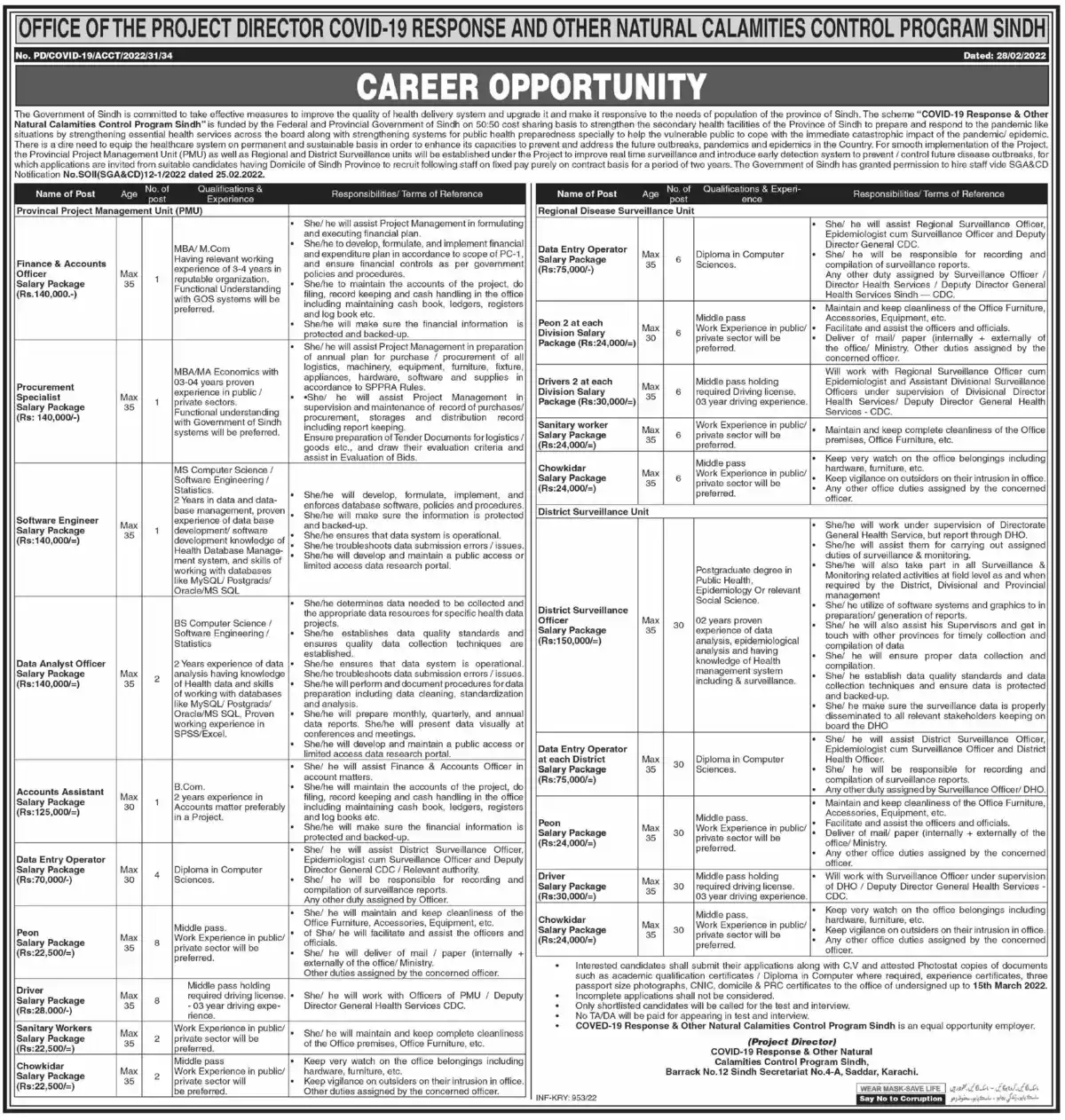 COVID 19 Response and Natural Calamities Control Program Sindh Jobs 2022 Latest