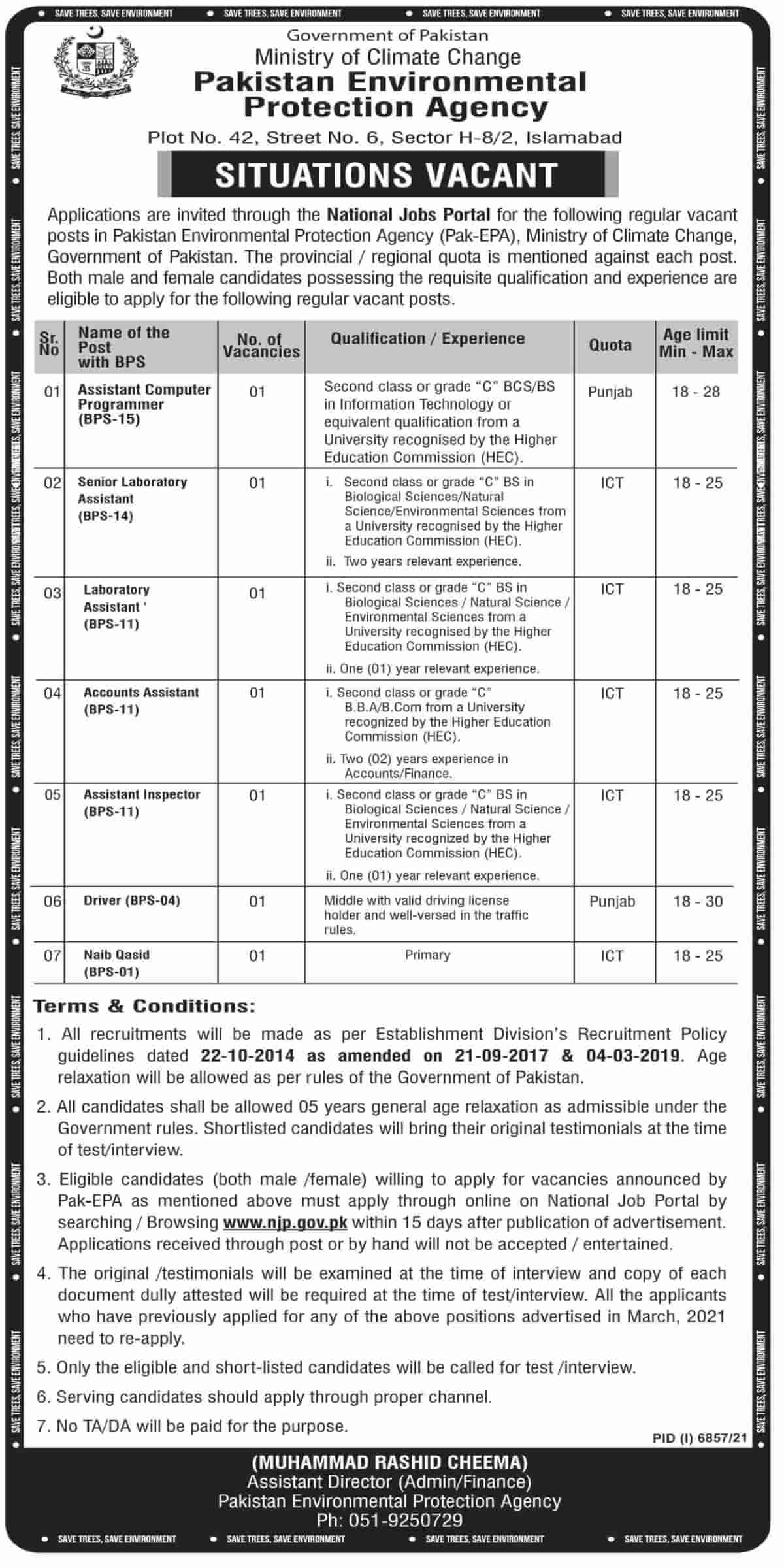 Govt of Pakistan Ministry of Climate Change Jobs 2022 Environmental Protection Agency EPA