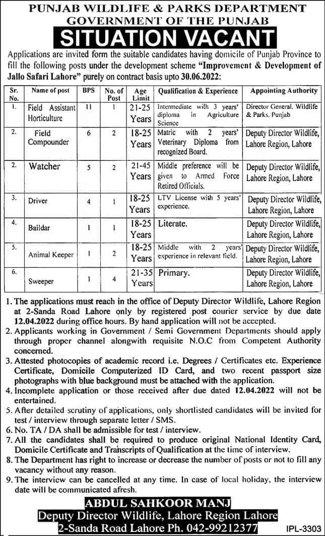 Govt of Punjab Wildlife and Parks Department Lahore Jobs 2022 Latest