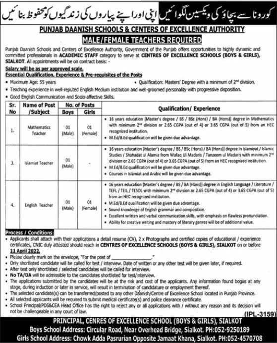 Punjab Daanish Schools and Centers of Excellence Authority Teaching Jobs 2022
