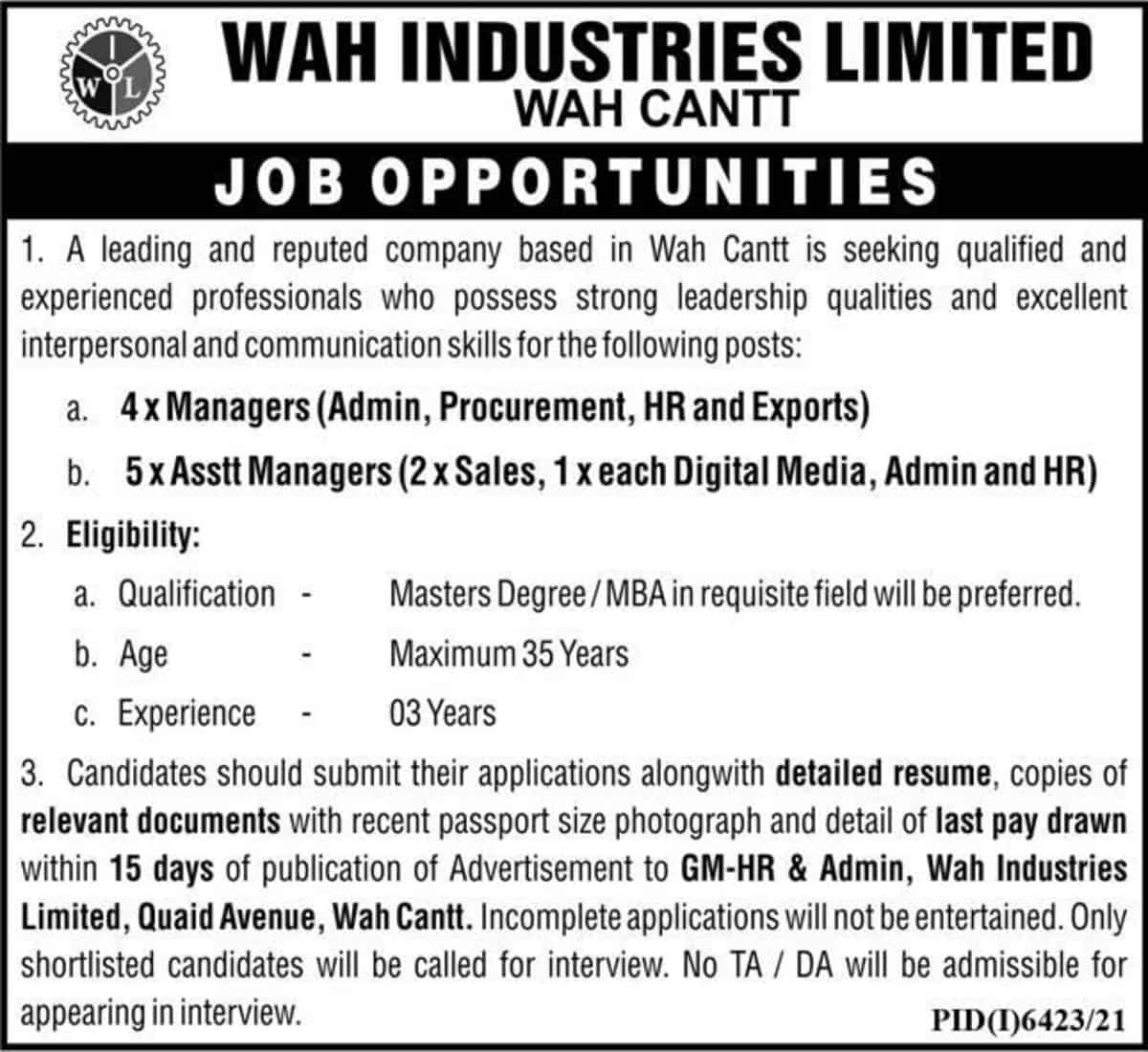 Wah Industries Limited Wah Cantt Jobs 2022 Latest Advertisement