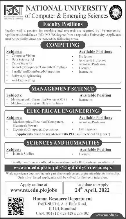 FAST NUCES Islamabad Faculty Jobs 2022 Apply Online Latest