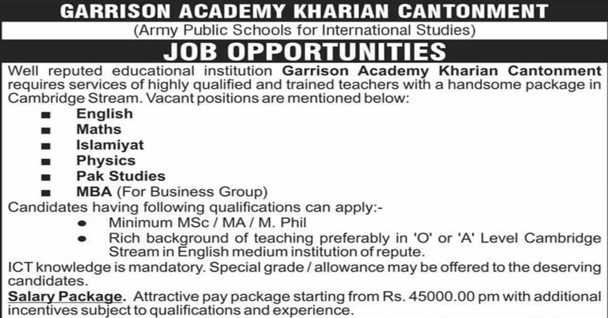 Featured Image Aps Garrison Academy Kharian Cantt Teaching Jobs 2022