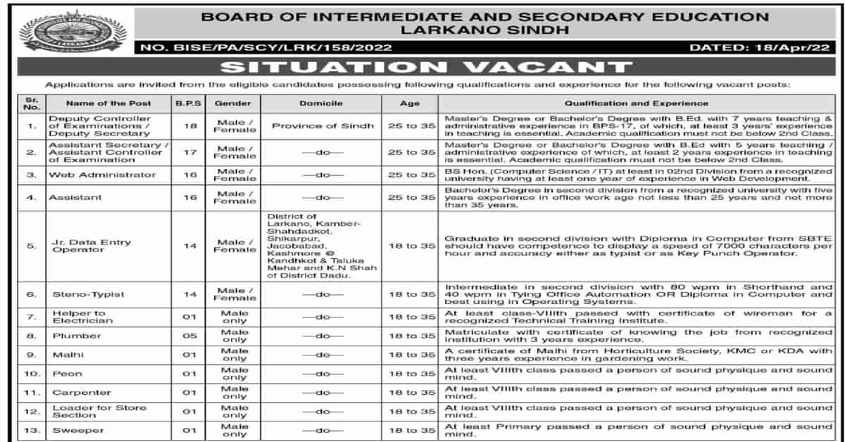 Featured Image Board Of Intermediate &Amp; Secondary Education Bise Larkana Jobs 2022
