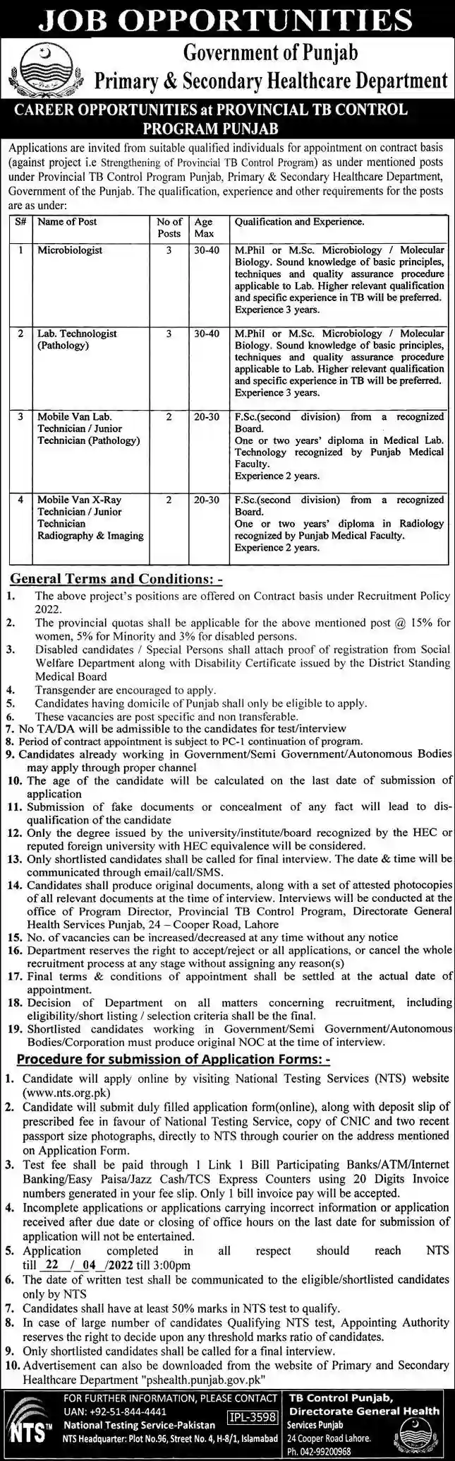 Govt of Punjab Primary and Secondary Healthcare Department Jobs 2022 NTS Govt of Punjab Primary and Secondary Healthcare Department Jobs 2022 NTS