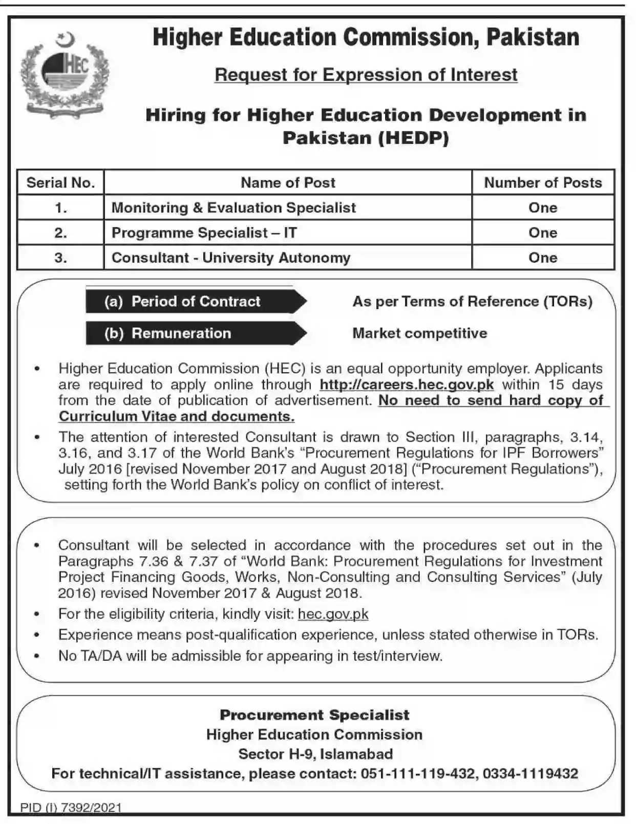 HEC Jobs 2022 Advertisement Islamabad Apply Online Latest