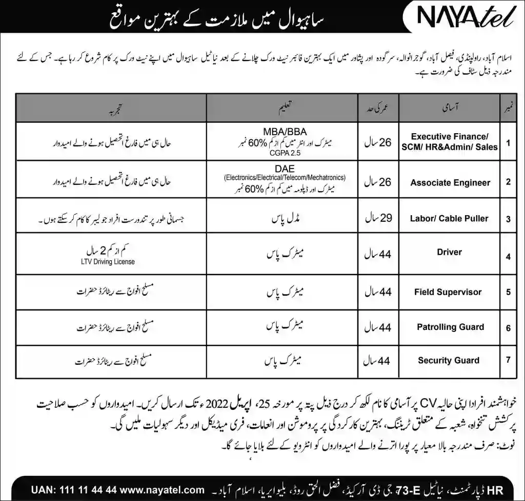 Nayatel Sahiwal New Jobs April 2022 Latest Advertisement Nayatel Sahiwal New Jobs April 2022 Latest Advertisement