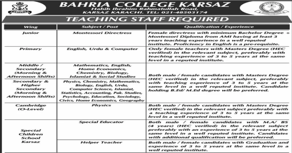Featured Image Bahria College Karsaz Karachi Teaching Jobs 2022 Advertisement Latest