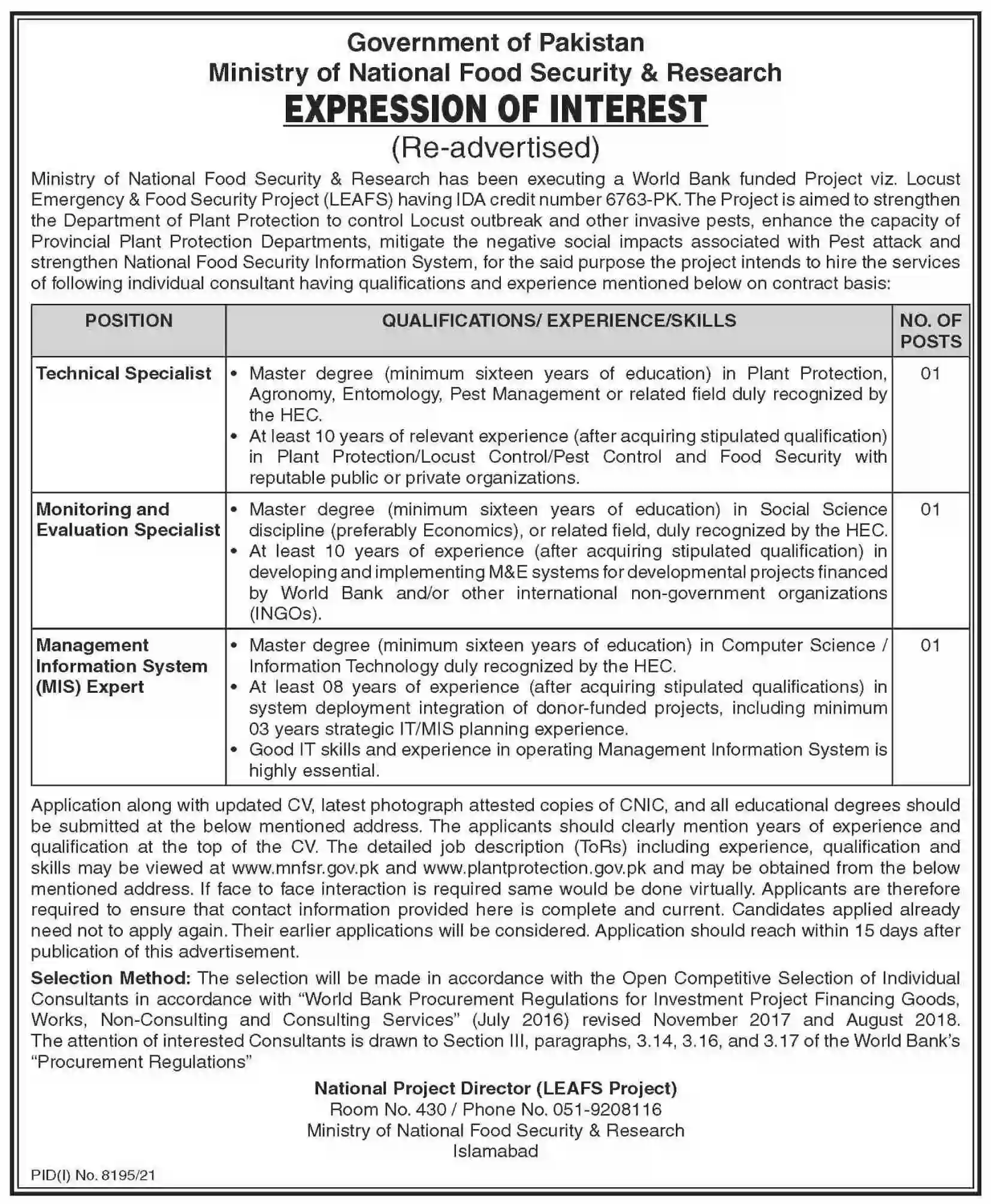 Ministry of National Food Security and Research MNFSR Jobs 2022 Advertisement 1