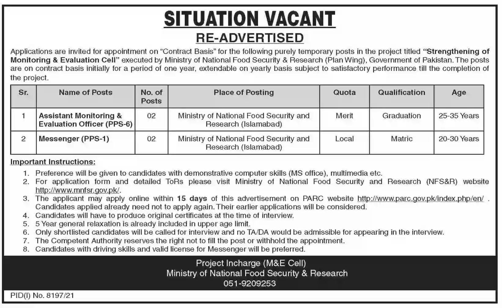 Ministry of National Food Security and Research MNFSR Jobs 2022 Advertisement 2