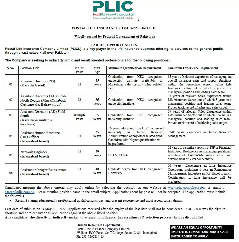 Post Life Insurance Company Limited PLICL Jobs 2022 Apply Online
