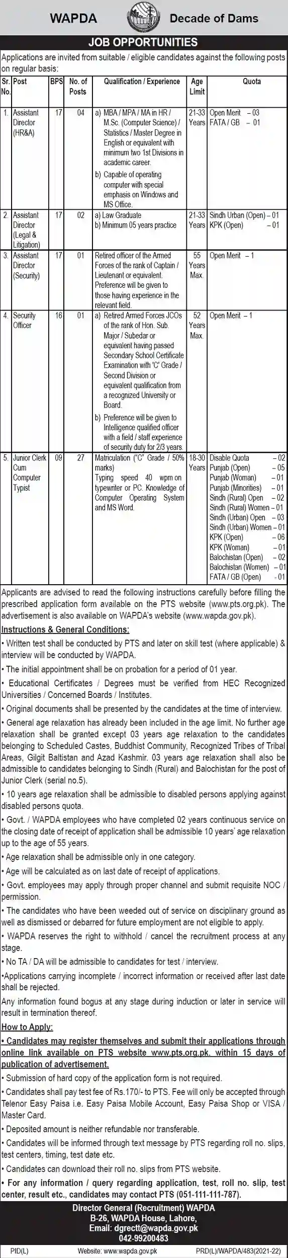 WAPDA Jobs 2022 Punjab PTS Apply Online pts.org.pk Advertisement