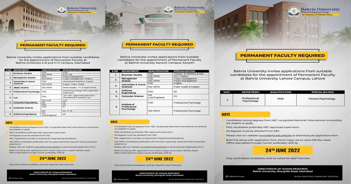 Featured Image Bahira University Bu Faculty Jobs 2022 Www.bahria.edu.pk Advertisement