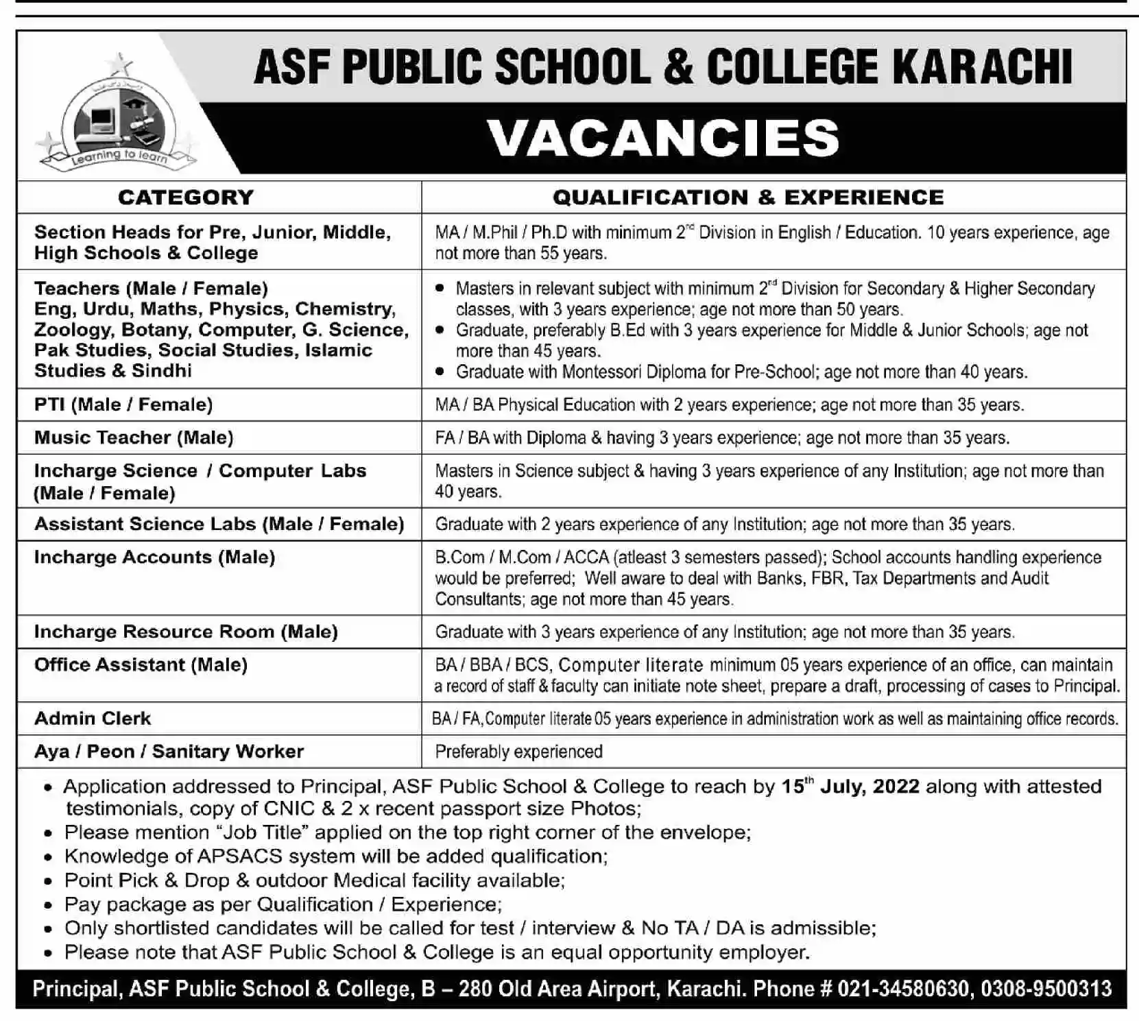 Airports Security Force ASF Public School and College Karachi Jobs 2022