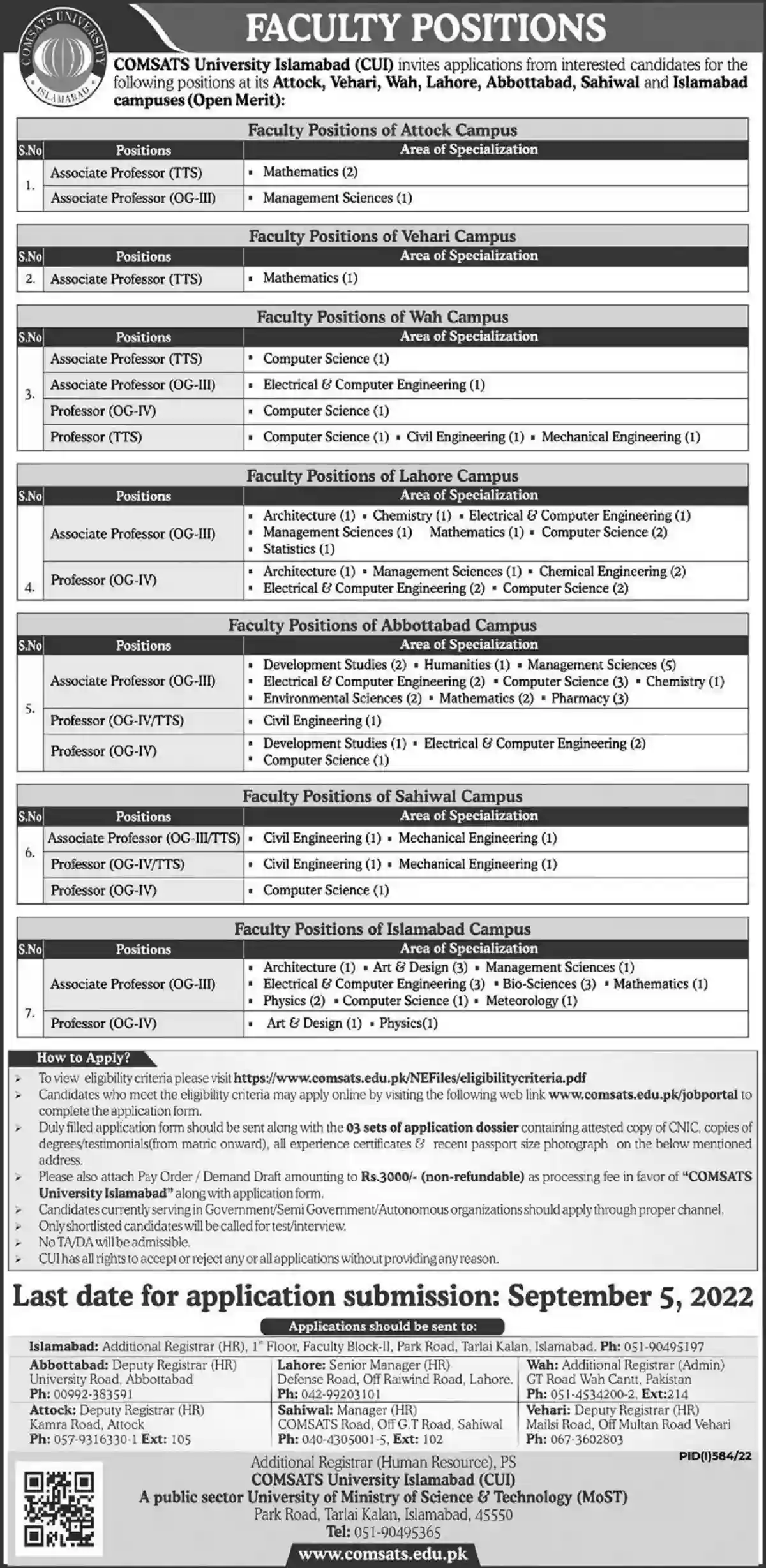 COMSATS University Faculty Jobs 2022 Islamabad Advertisement CUI Careers