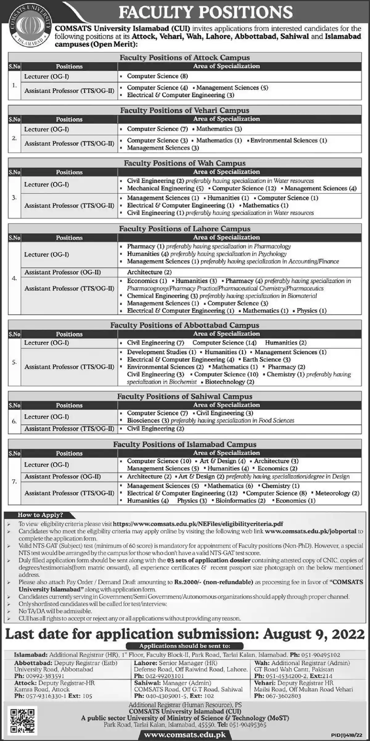 Comsats University Islamabad Cui Faculty Jobs 2022 Apply Online