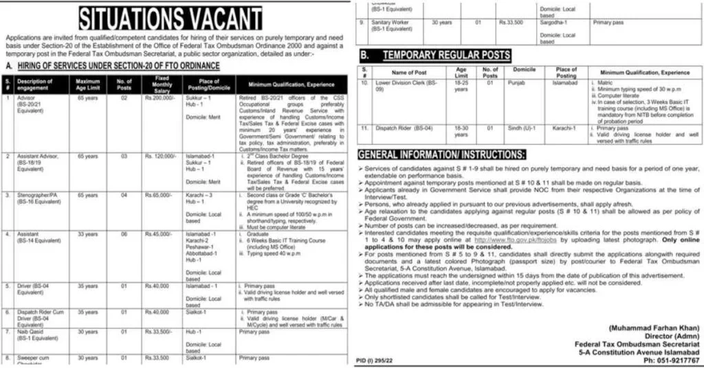 Featured Image Federal Tax Ombudsman FTO Jobs 2022 www.fto.gov.pk Apply Online