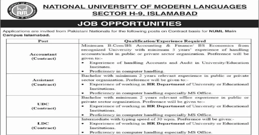 Featured Image National University of Modern Languages NUML Jobs July 2022 Advertisement