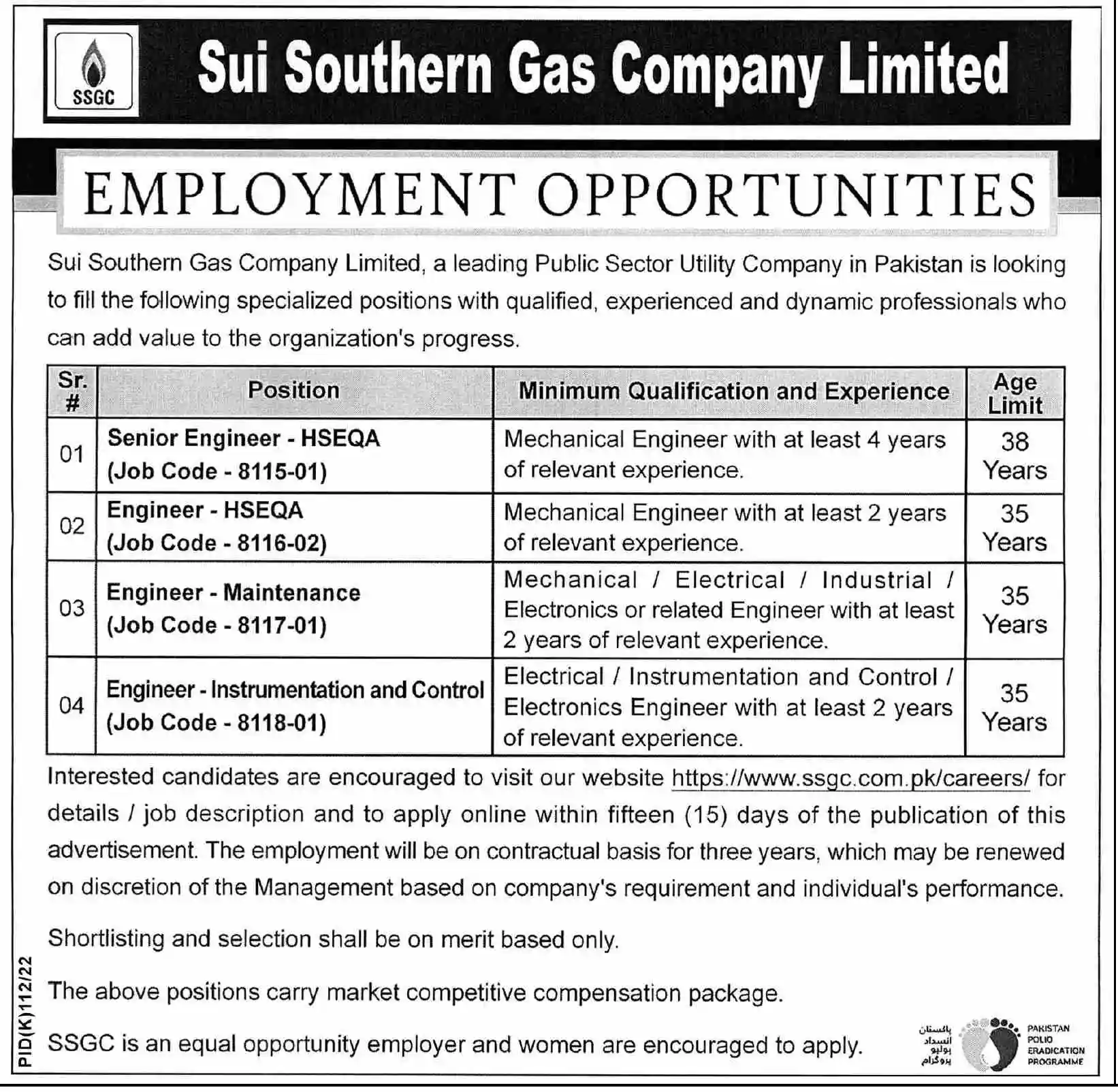 Sui Southern Gas Company Limited SSGCL Jobs 2022 Latest Advertisement