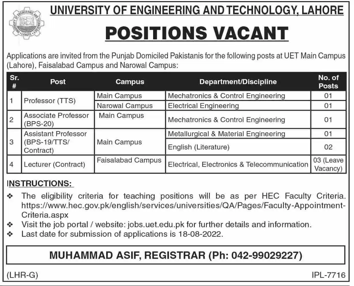 UET Lahore Faculty Jobs 2022 University of Engineering and Technology