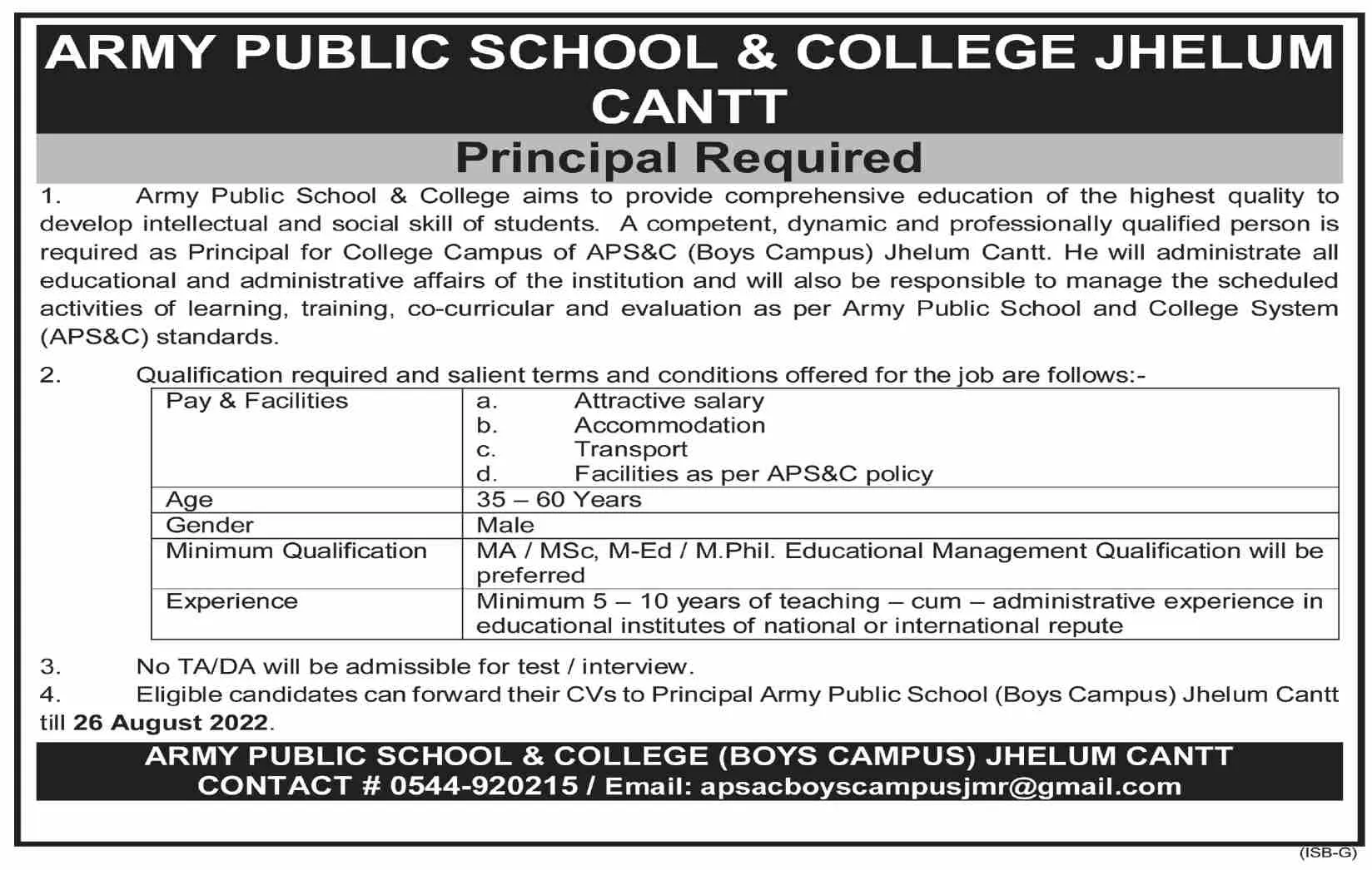 Army Public School & College APS Jobs 2022 Jhelum Cantt Principal Required