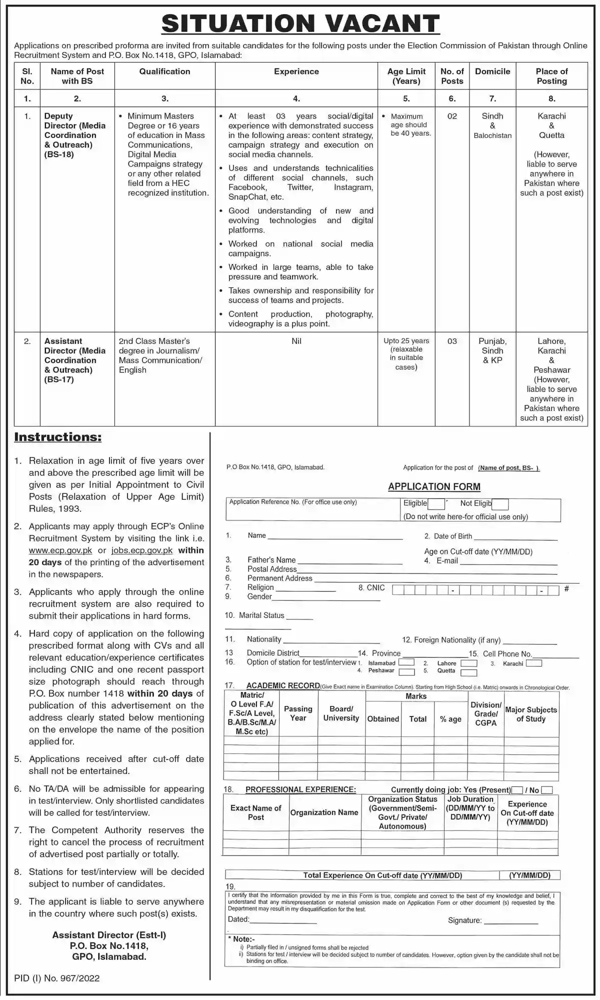 Election Commission of Pakistan ECP Jobs 2022 Online Apply
