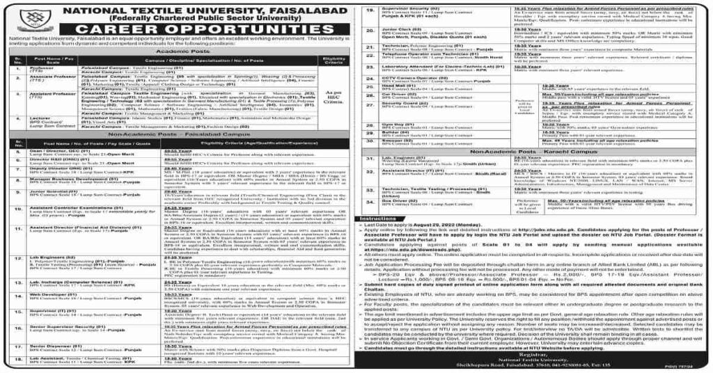 Featured Image National Textile University NTU Faisalabad Jobs 2022 Advertisement Latest