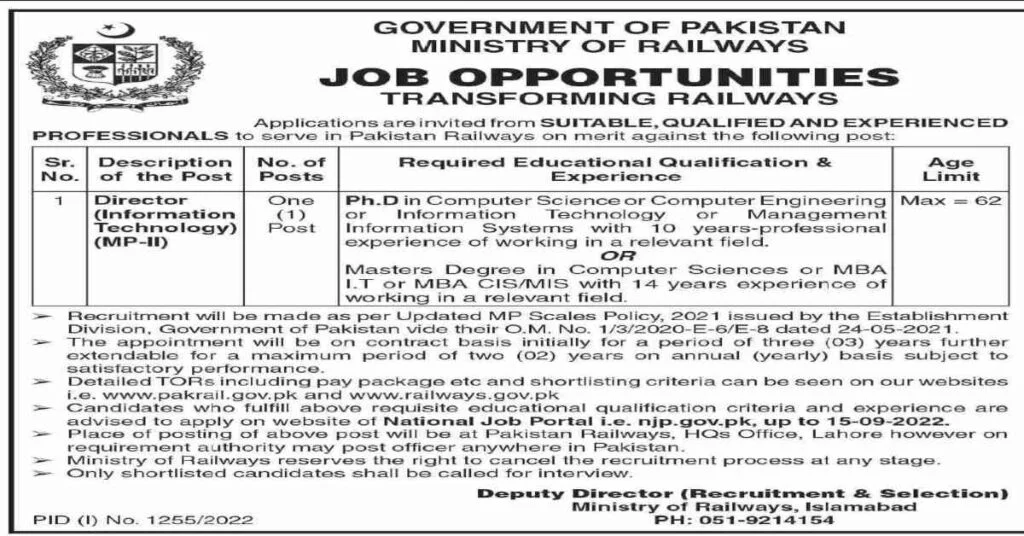 Featured Image Pakistan Railways Jobs 2022 Ministry of Railways Govt of Pakistan Director IT